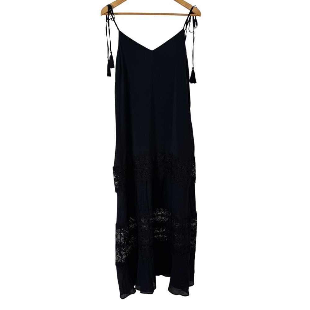 Elan Black Lace Tiered Maxi Dress Large Tie Spaghetti Straps Tassel Flowy Boho